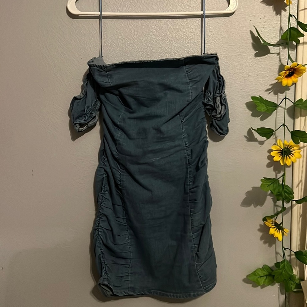 mini jean off the shoulder dress, brand is shein, size small